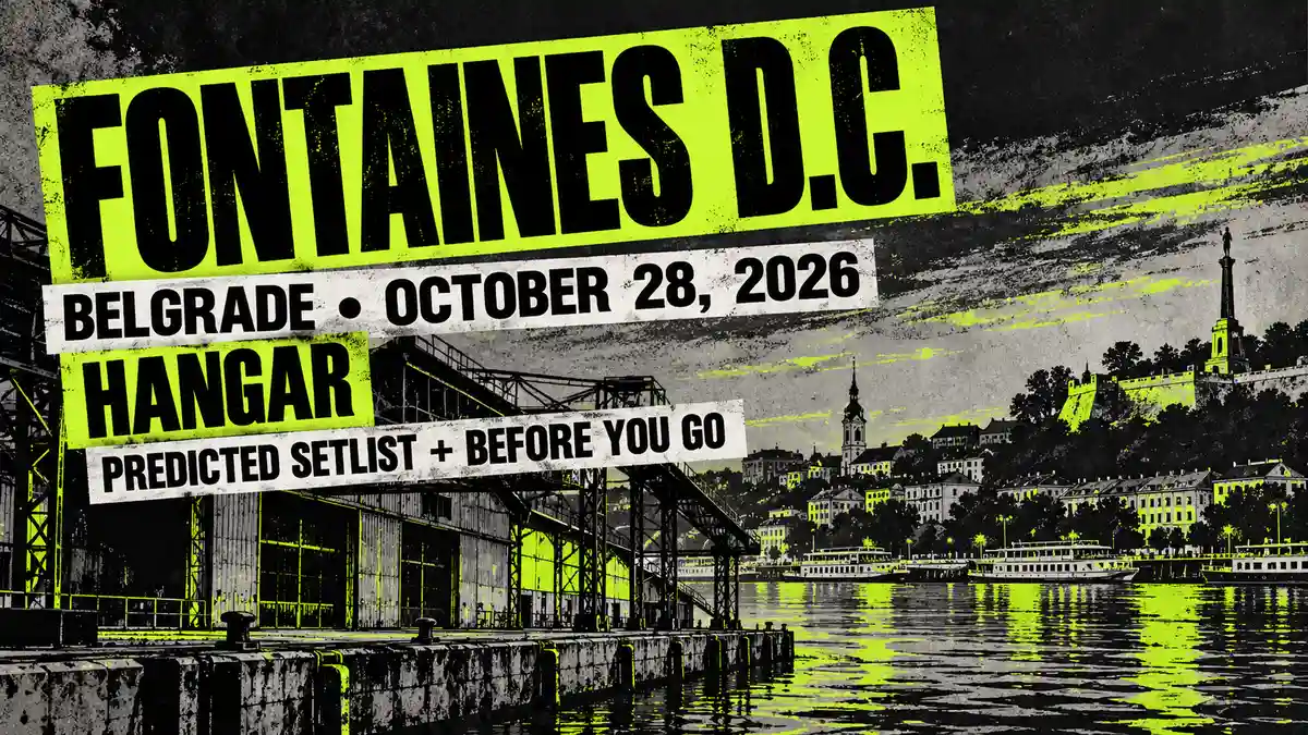 Fontaines D.C. Belgrade October 28, 2026 concert guide artwork with stylized city details.