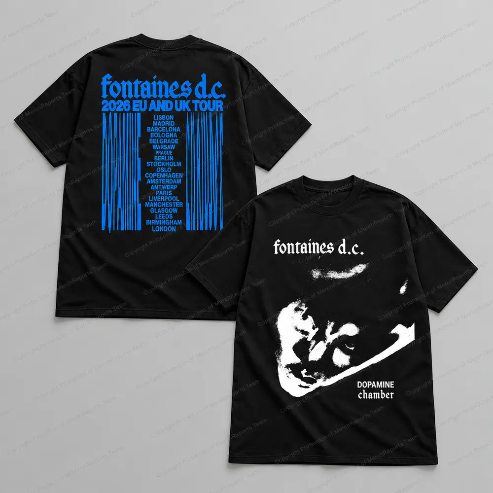 Blue Tour Cities Tee — Fontaines D.C. merch design.