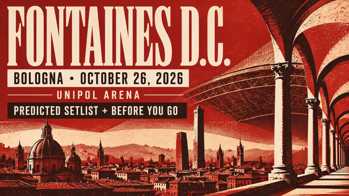 Fontaines D.C. Bologna October 26, 2026 concert guide artwork with stylized city details.