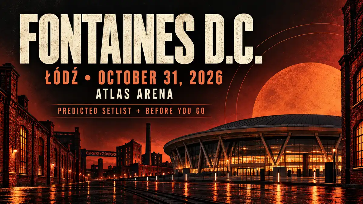 Fontaines D.C. Łódź October 31, 2026 concert guide artwork with stylized city details.