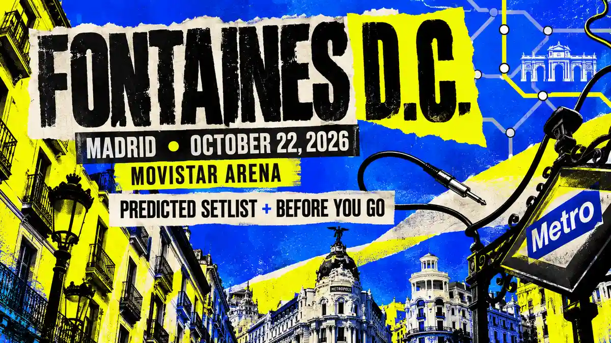 Fontaines D.C. Madrid October 22, 2026 concert guide artwork with stylized city details.