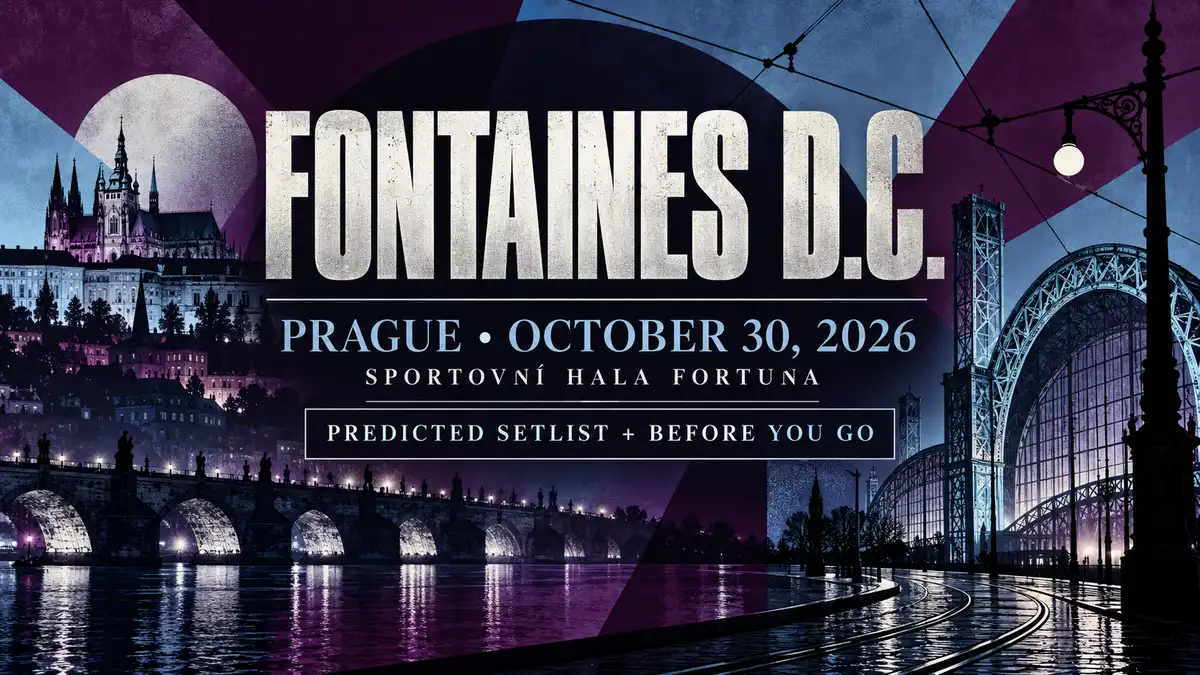 Fontaines D.C. Prague October 30, 2026 concert guide artwork with stylized city details.