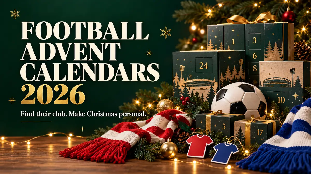Editorial Christmas scene with football, advent gift boxes, scarves and shirt ornaments