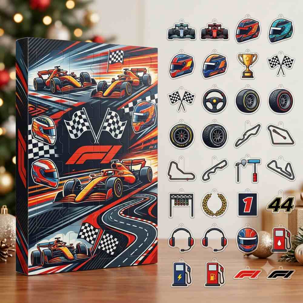 Formula 1 Racing Cars Helmets Checkered Flag Christmas Advent Calendar