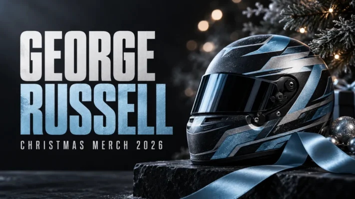 GEORGE RUSSELL Christmas merch 2026 editorial cover with a conceptual racing helmet