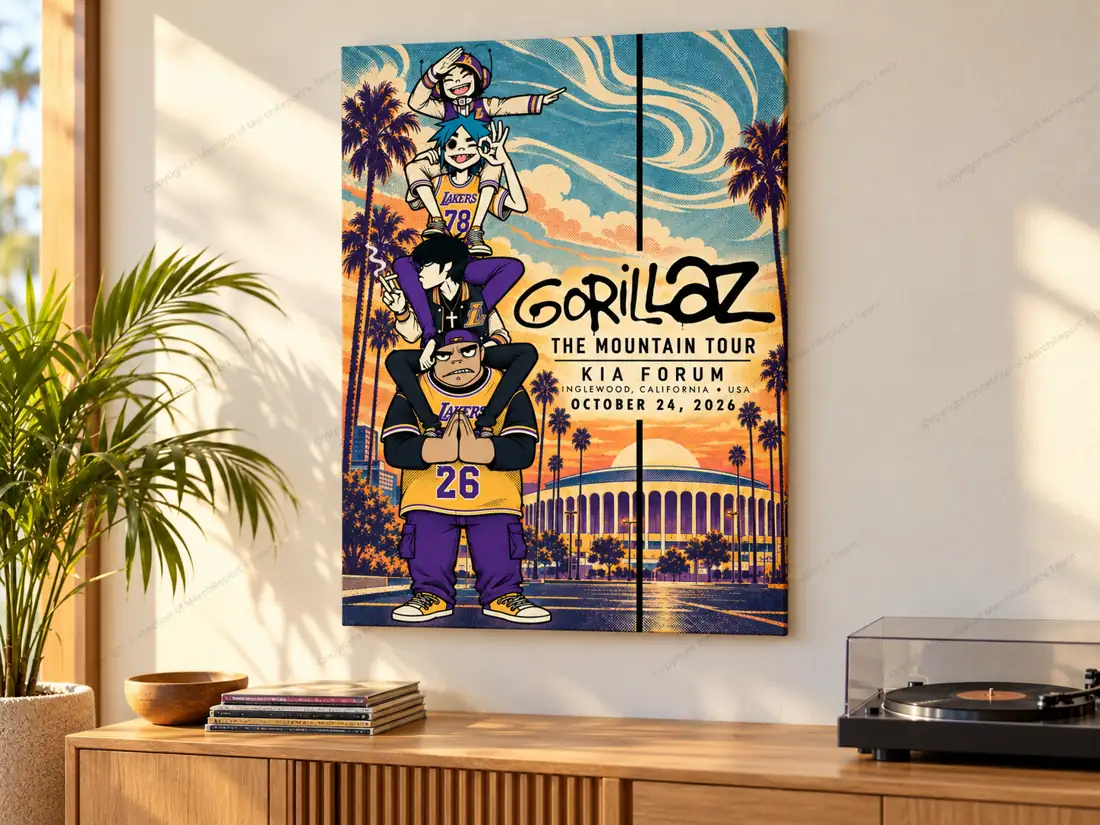 Gorillaz Inglewood October 24 2026 Los Angeles Lakers / Palm Tree Sunset event poster canvas in a styled music room