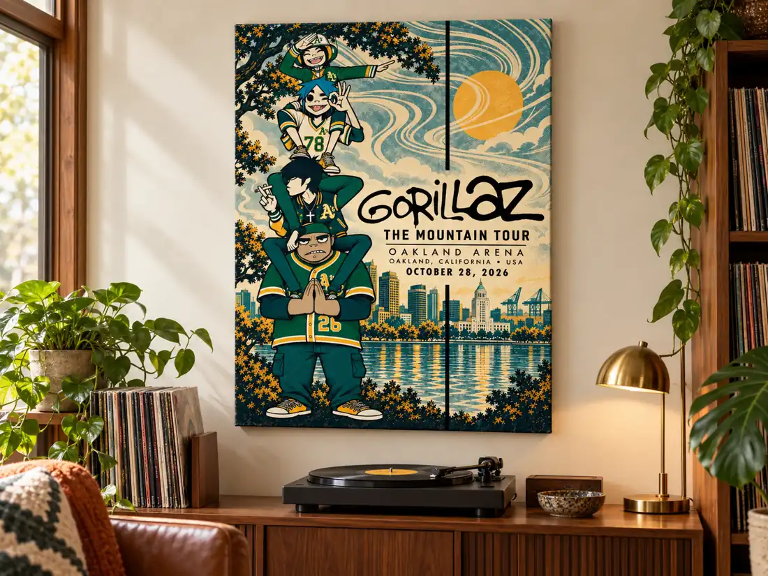 Gorillaz Oakland October 28 2026 Oakland Athletics / Green and Gold Skyline event poster canvas in a styled music room