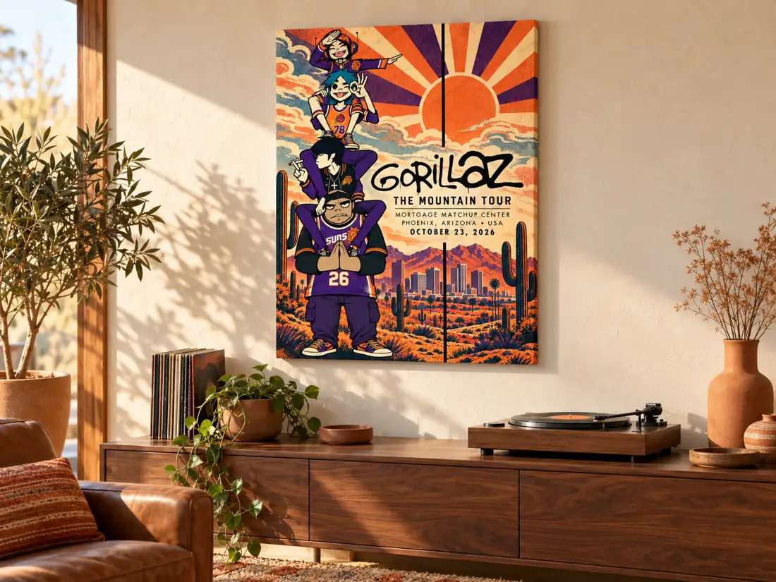 Gorillaz Phoenix October 23 2026 Phoenix Suns / Arizona Desert Sunset event poster canvas in a styled music room