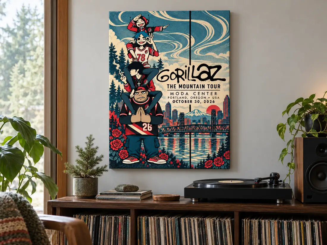 Gorillaz Portland October 30 2026 Portland Trail Blazers / Rose City Skyline event poster canvas in a styled music room