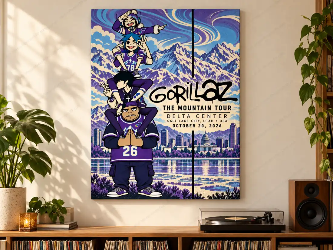 Gorillaz Delta Center October 20 2026 Utah Jazz Wasatch Mountains event poster displayed above a record cabinet