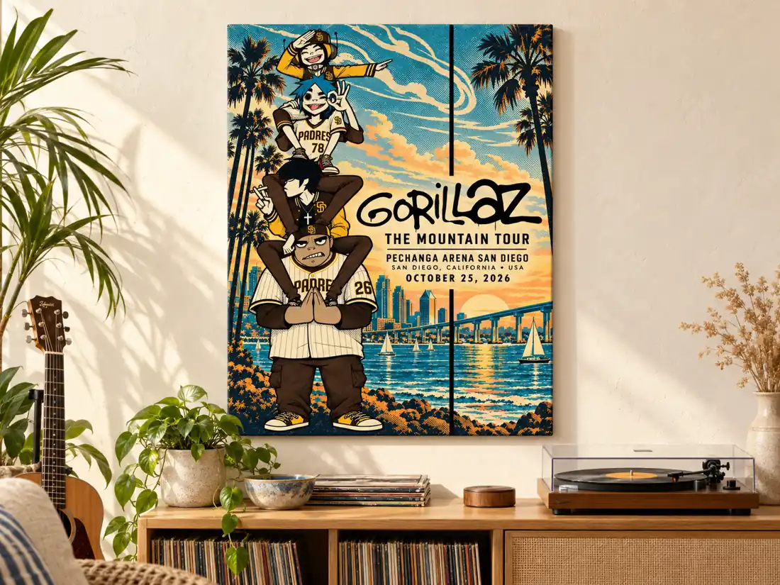 Gorillaz San Diego October 25 2026 San Diego Padres / Coastal Sunset event poster canvas in a styled music room