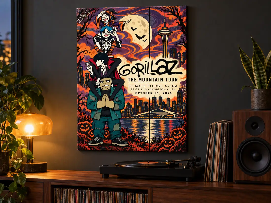 Gorillaz Seattle October 31 2026 Halloween Costume / Pumpkin / Space Needle event poster canvas in a styled music room