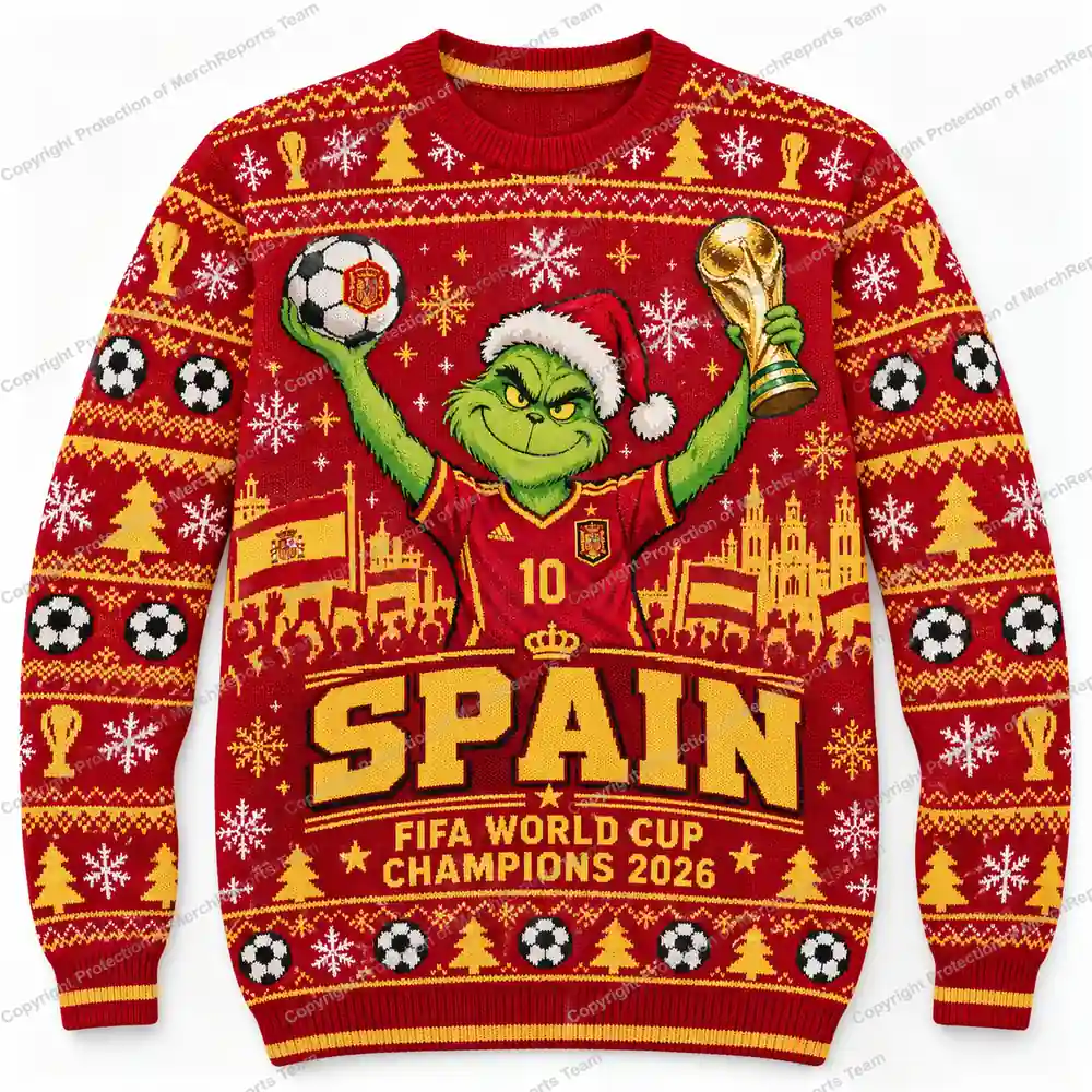 Grinch Spain FIFA World Cup Champions 2026 Trophy Fair Isle Christmas Ugly Sweater Shirt product mockup