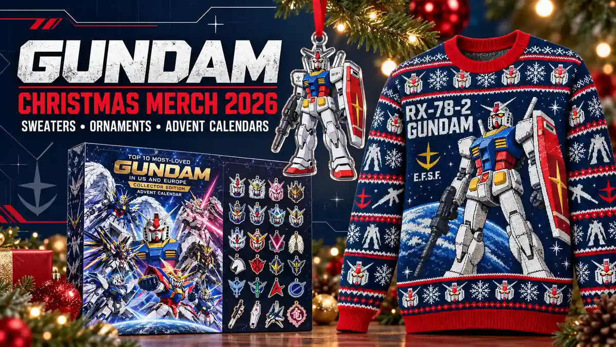 Gundam Christmas merch catalog with RX-78-2 sweater, hanging acrylic ornament and advent calendar