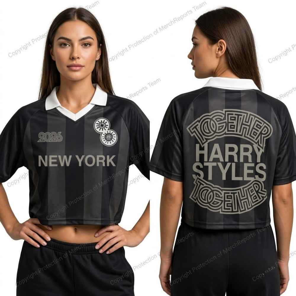 MerchReport catalog image of the Harry Styles Black Soccer Jersey Crop Options.
