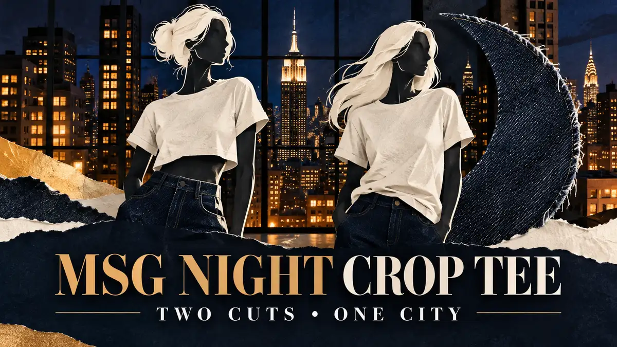 Editorial illustration for msg night crop tee: two cuts • one city.