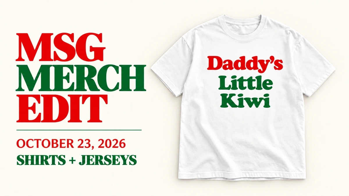 White cotton Daddy’s Little Kiwi shirt with MSG October 23, 2026 merch guide title