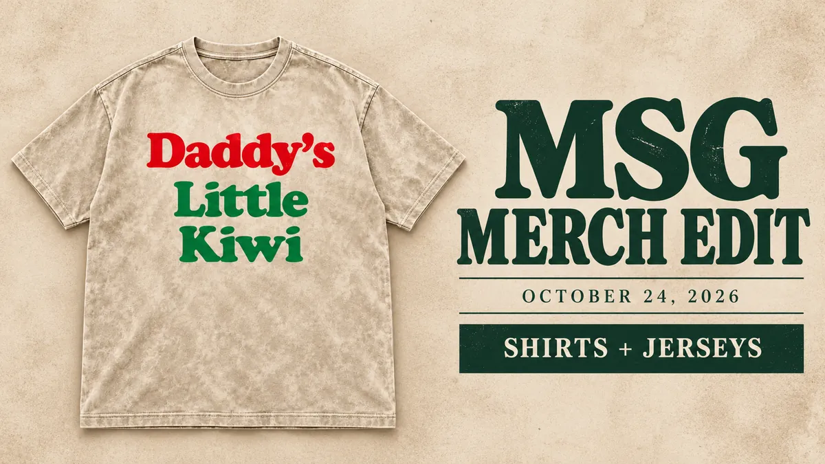 Beige acid-washed Daddy’s Little Kiwi shirt with MSG October 24, 2026 merch guide title
