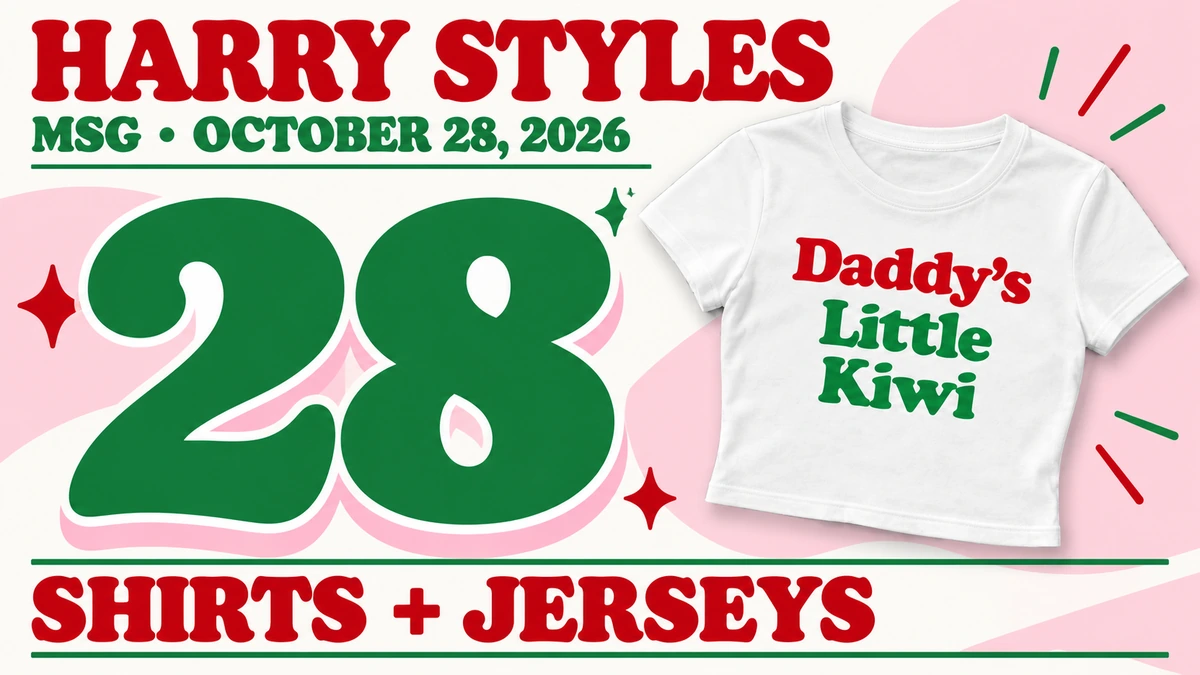 White Daddy’s Little Kiwi crop shirt with Harry Styles MSG October 28, 2026 merch guide title