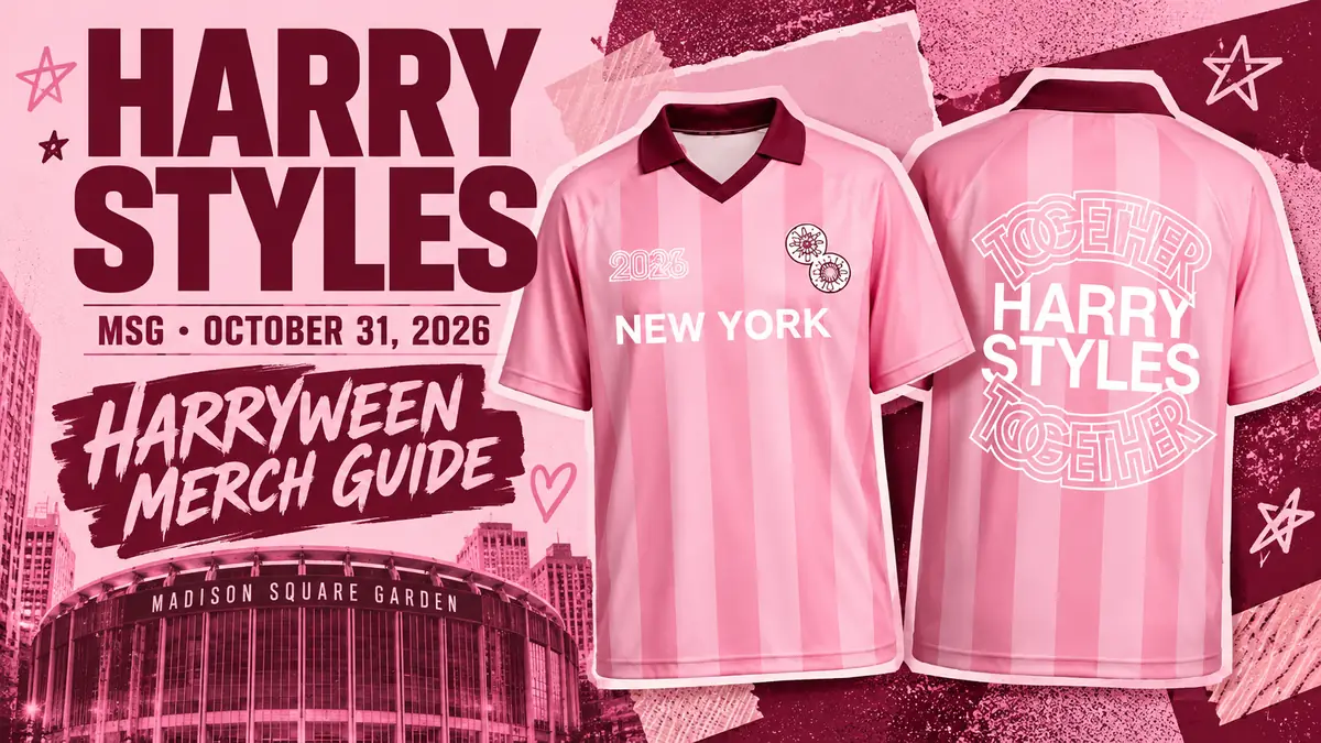 Pink New York jersey front and back with Harry Styles Harryween October 31, 2026 merch guide title