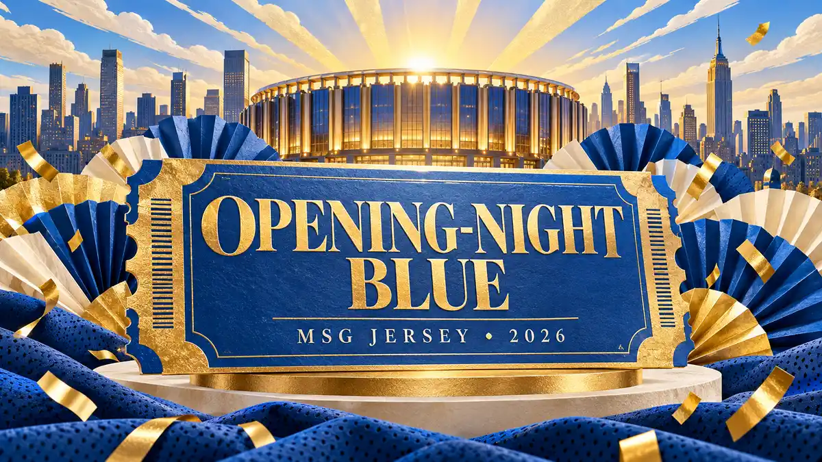 Editorial illustration for opening-night blue: msg jersey • 2026.