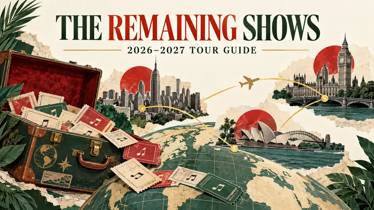 Illustrated concert travel collage linking New York, Sydney and London, titled The Remaining Shows 2026–2027 Tour Guide.