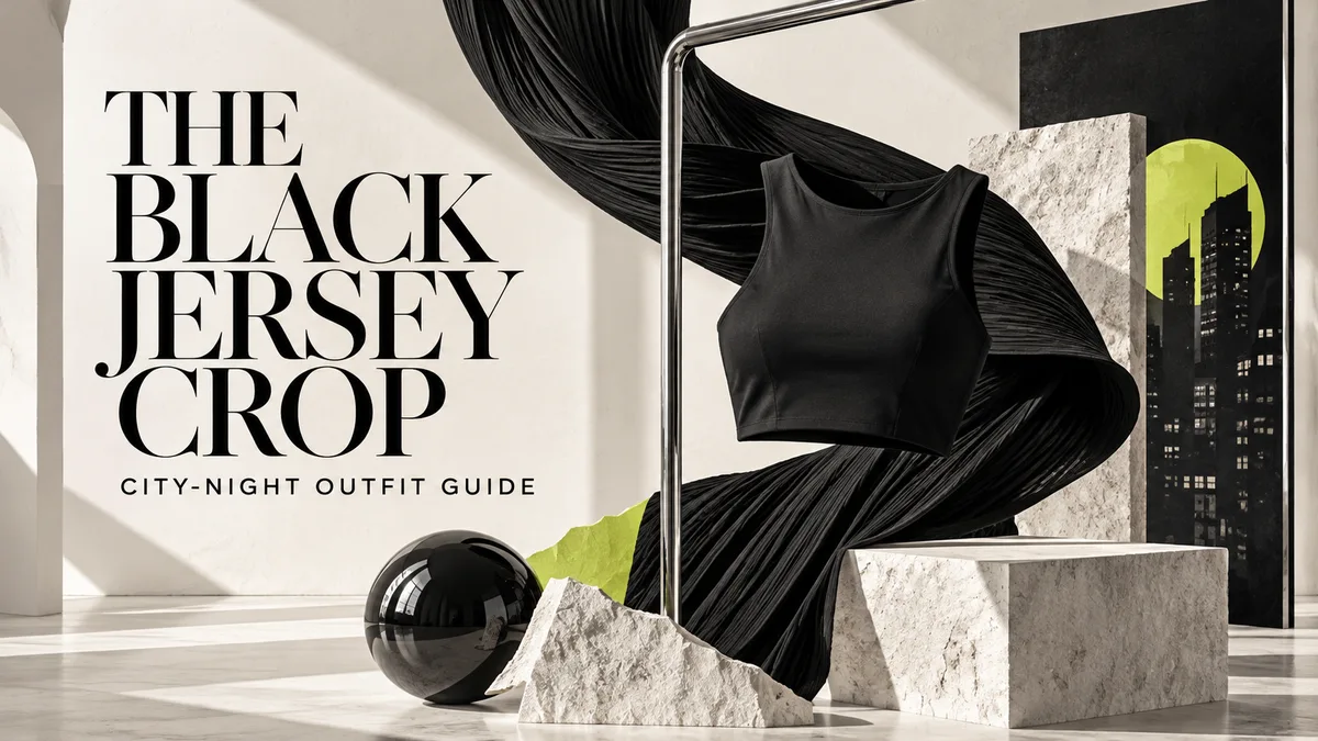 Editorial illustration for the black jersey crop: city-night outfit guide.