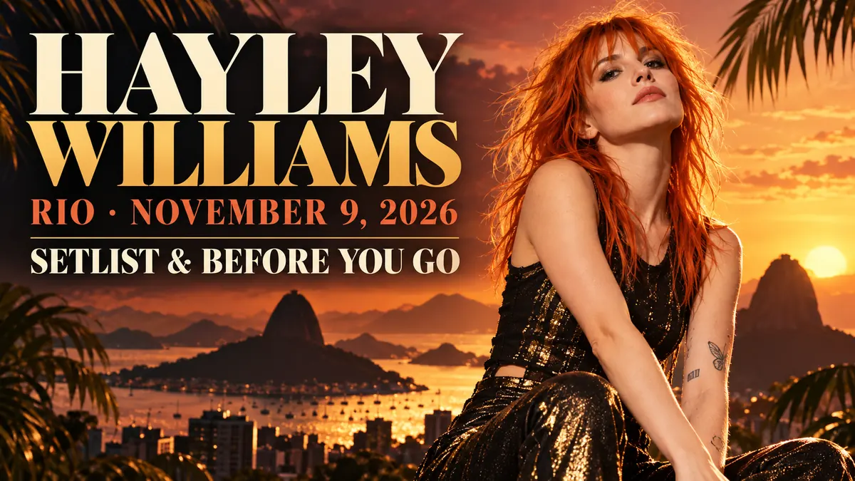 Hayley Williams Rio guide artwork with a warm gold portrait and Rio mountain backdrop.