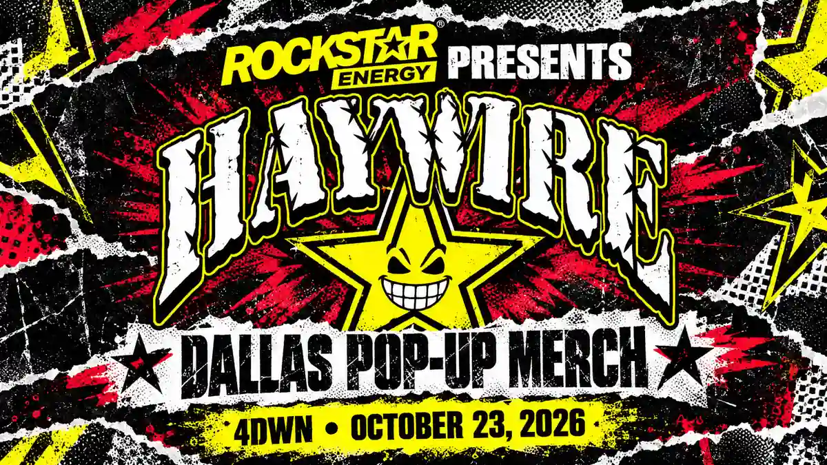 Haywire Dallas pop-up merch banner with band lettering and yellow Rockstar star