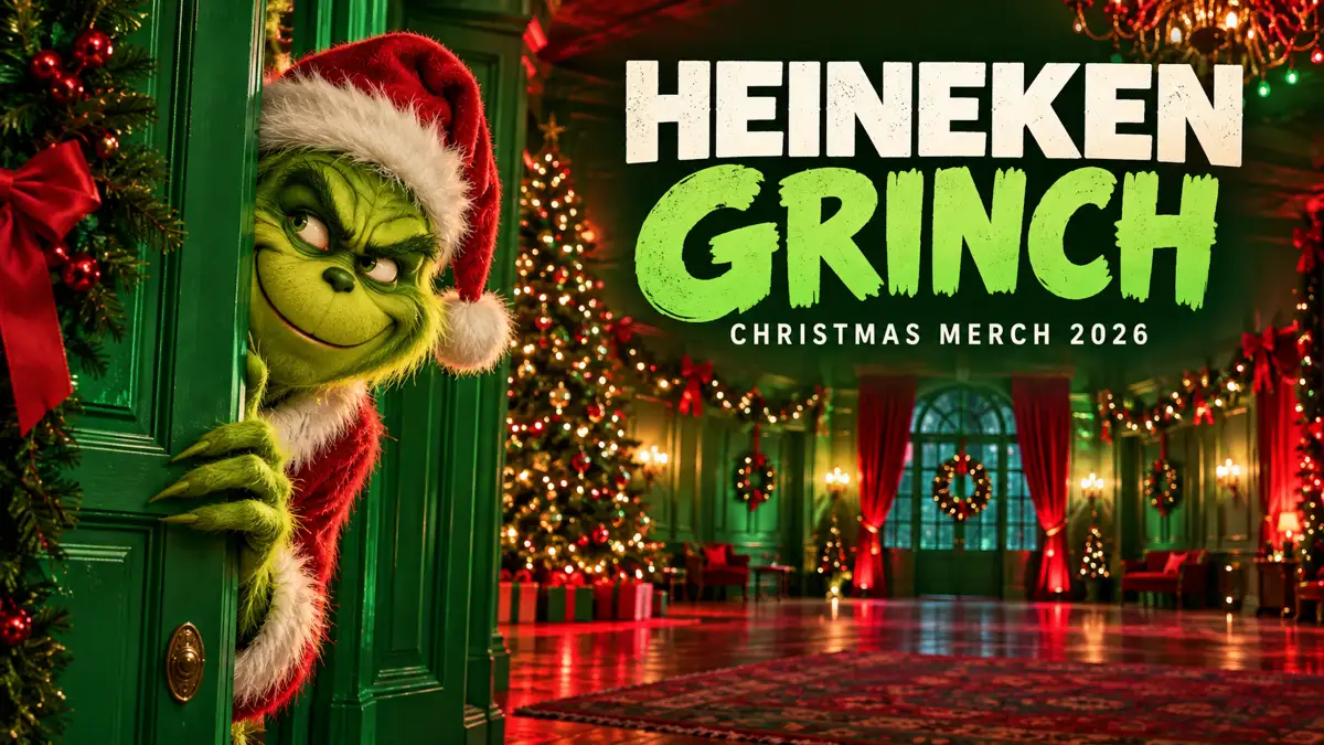 Heineken Grinch Christmas merch 2026 editorial illustration
