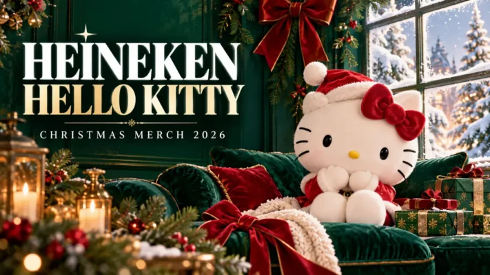 Heineken Hello Kitty Christmas merch 2026 editorial illustration