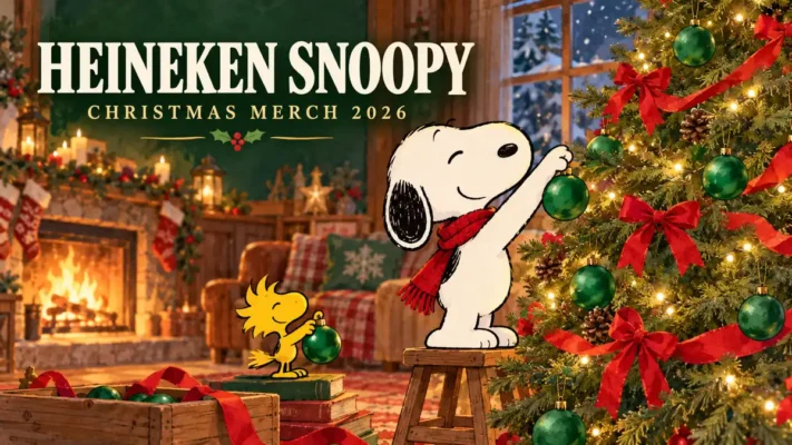Heineken Snoopy Christmas merch 2026 editorial illustration