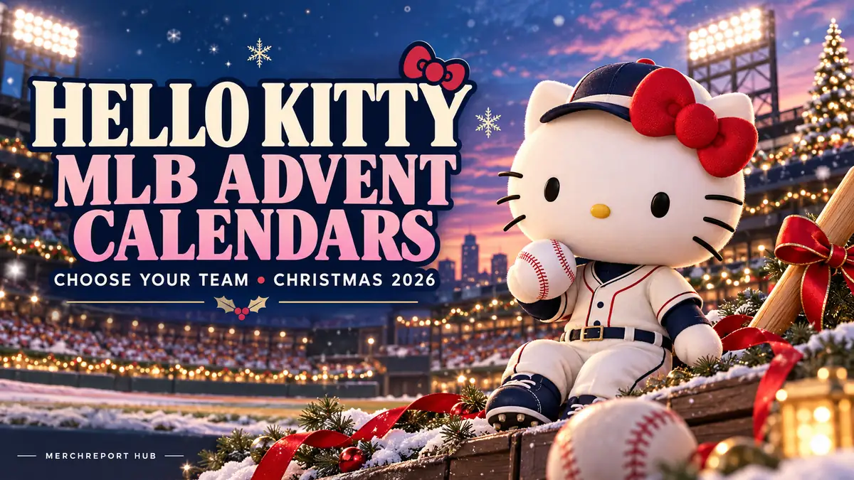 Hello Kitty in a baseball uniform with a Christmas stadium background and MLB Advent Calendars 2026 headline