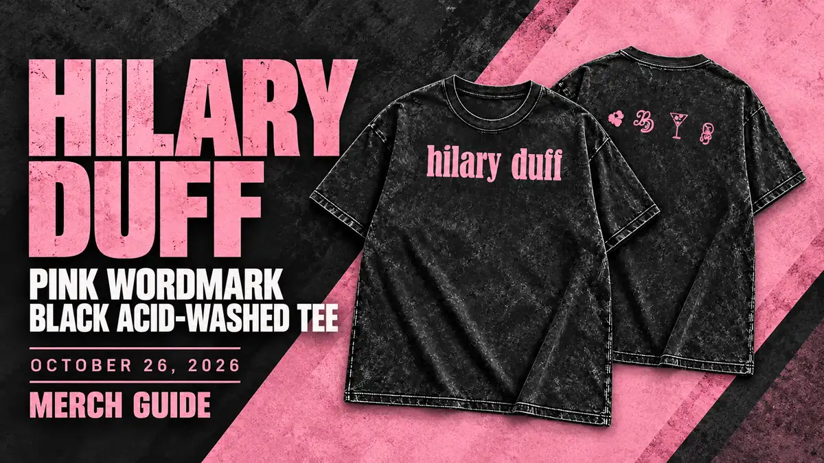Hilary Duff Pink Wordmark Black Acid-Washed Tee artwork and dated merch guide title