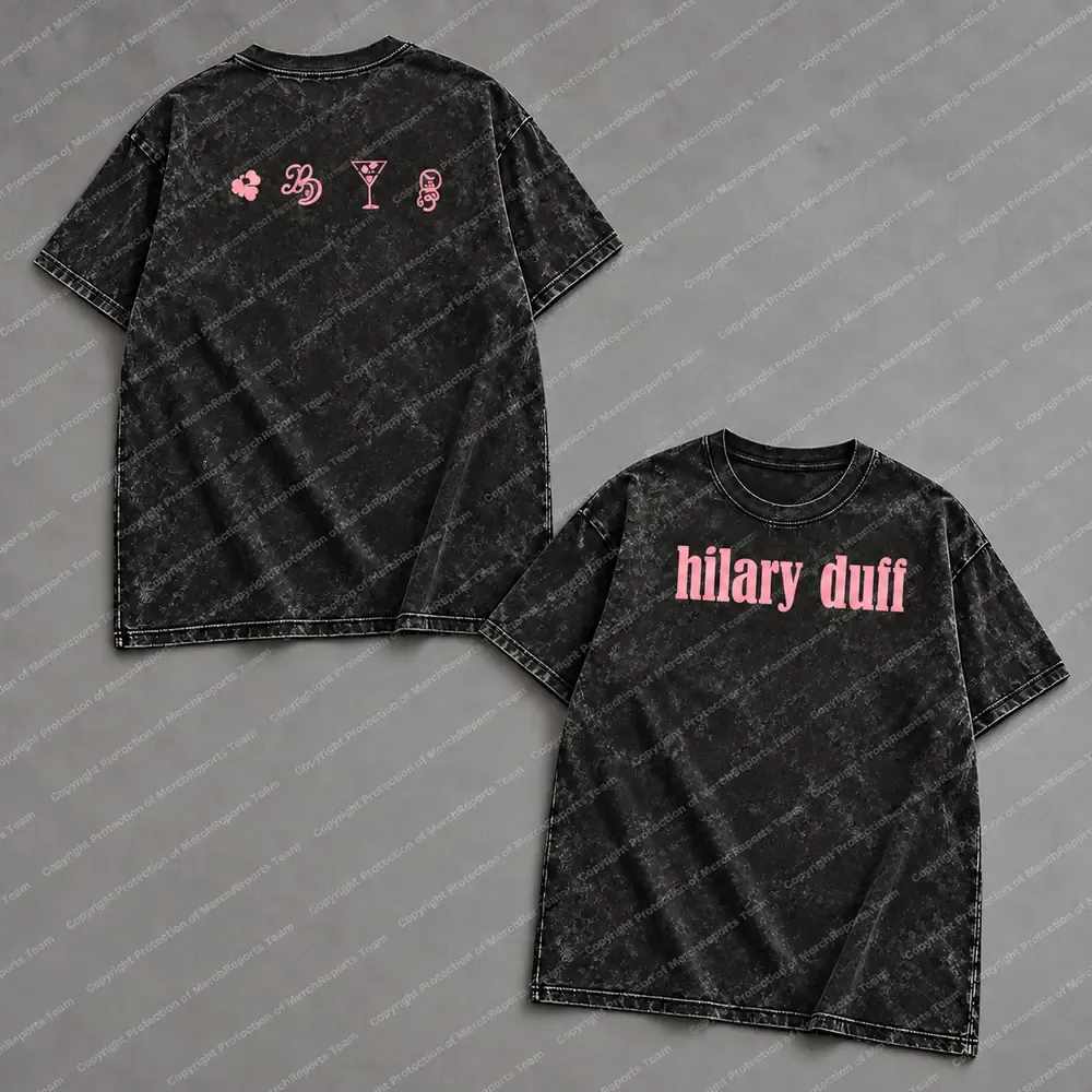 Hilary Duff Pink Wordmark Black Acid-Washed Tee product artwork