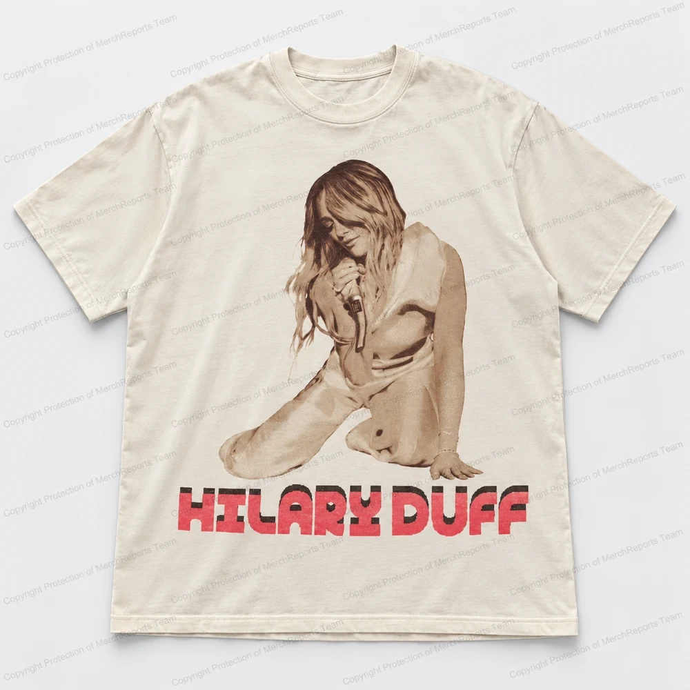 Hilary Duff Sepia Portrait Red Lettering Ivory Tee product artwork