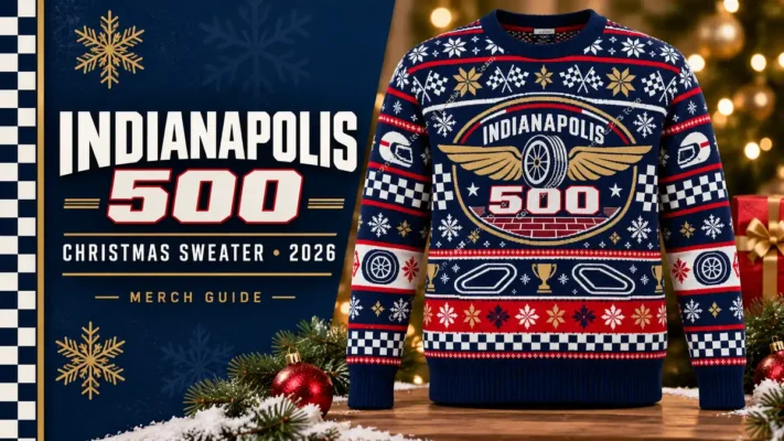 Indianapolis 500 Winged Wheel Ugly Christmas Sweater artwork and 2026 merch guide title