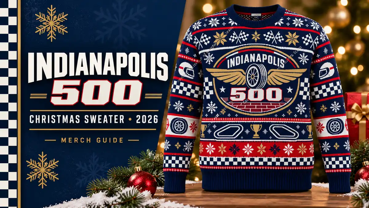 Indianapolis 500 Winged Wheel Ugly Christmas Sweater artwork and 2026 merch guide title