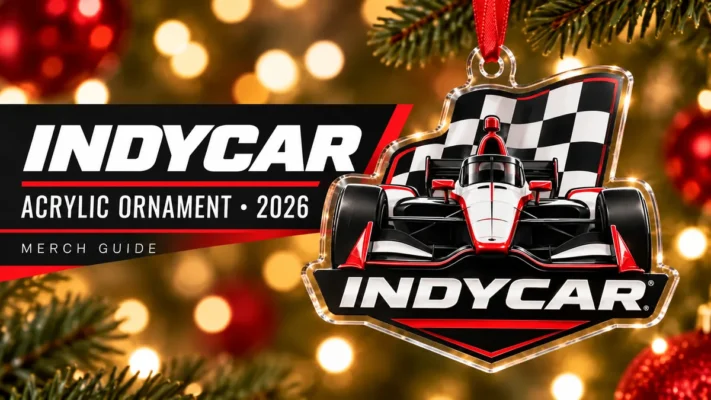 IndyCar Open Wheel Logo Acrylic Ornament artwork and 2026 merch guide title