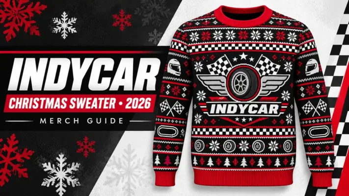 IndyCar Winged Wheel Logo Christmas Sweater artwork and 2026 merch guide title