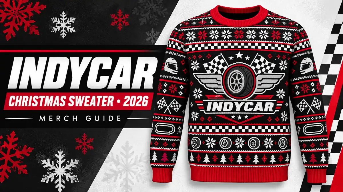 IndyCar Winged Wheel Logo Christmas Sweater artwork and 2026 merch guide title