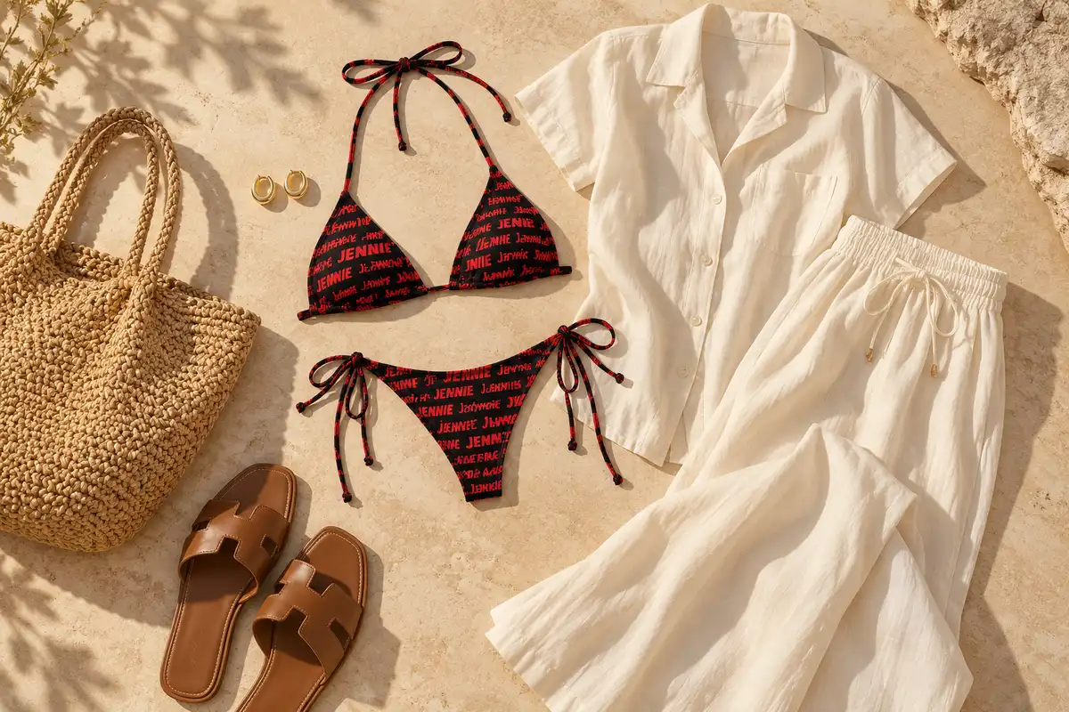Jennie bikini with ivory trousers, short-sleeve shirt, woven tote and brown sandals.