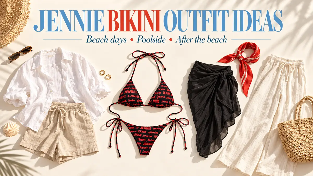 Editorial cover with black-and-red Jennie bikini, beach clothes and poolside cover-ups.