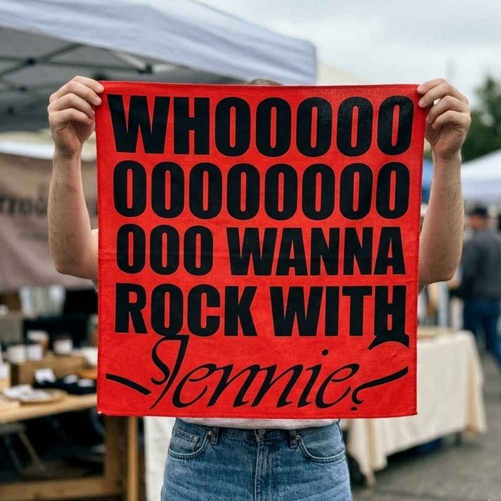 Red Jennie bandana with bold black Who Wanna Rock With Jennie lettering.