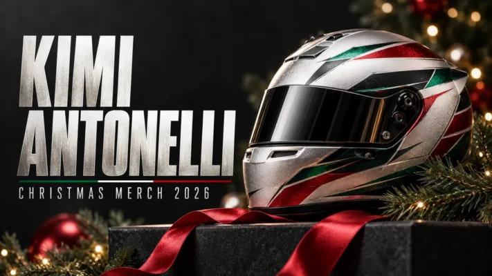 KIMI ANTONELLI Christmas merch 2026 editorial cover with a conceptual racing helmet