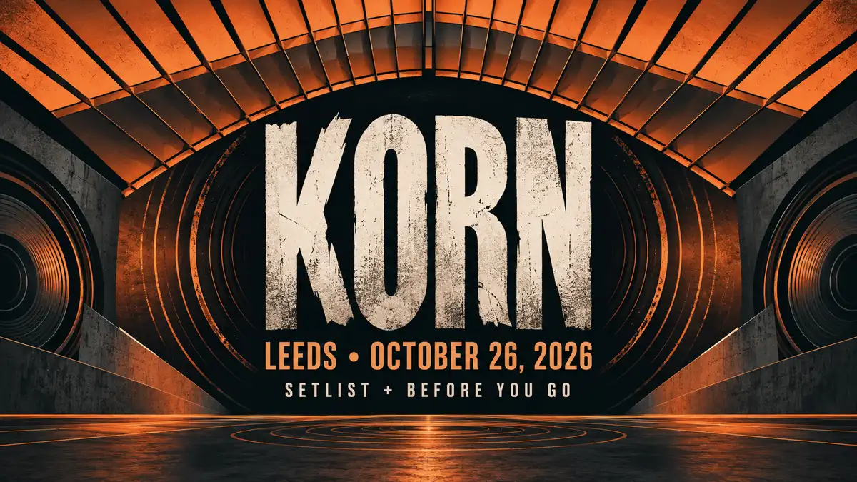 Illustrated KORN concert guide banner for LEEDS • OCTOBER 26, 2026
