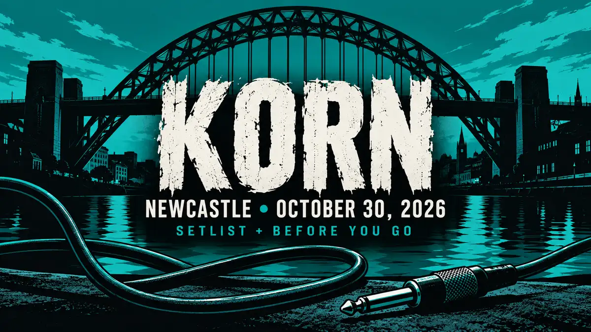 Illustrated KORN concert guide banner for NEWCASTLE • OCTOBER 30, 2026