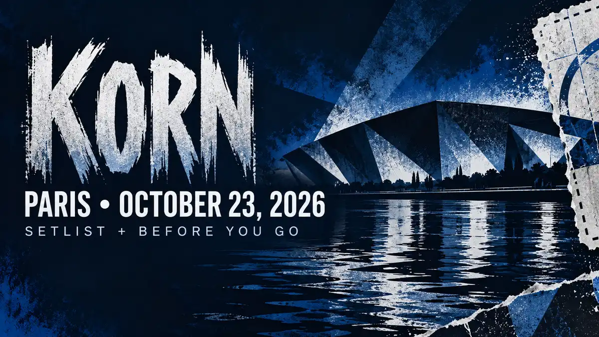 Illustrated KORN concert guide banner for PARIS • OCTOBER 23, 2026