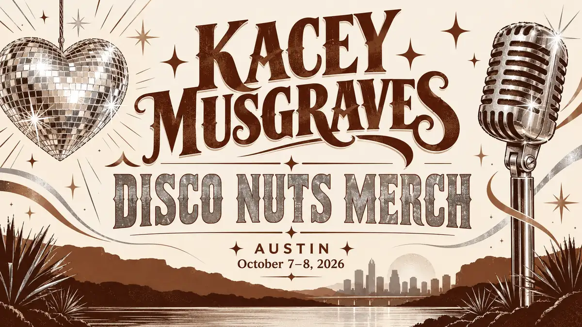 Illustrated Kacey Musgraves Disco Nuts merch cover for Austin, October 7–8, 2026
