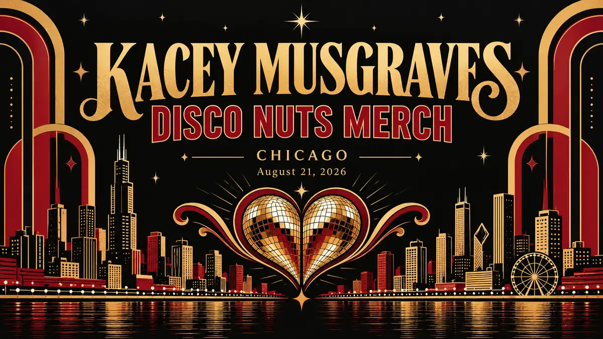 Illustrated Kacey Musgraves Disco Nuts merch cover for Chicago, August 21, 2026